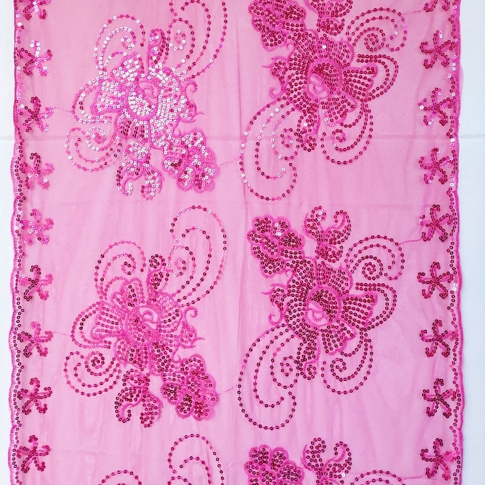 Womens Pink Mesh Sequin Metallic Party Prom Wedding Shawl Scarf With Fringe - Picture 3 of 11